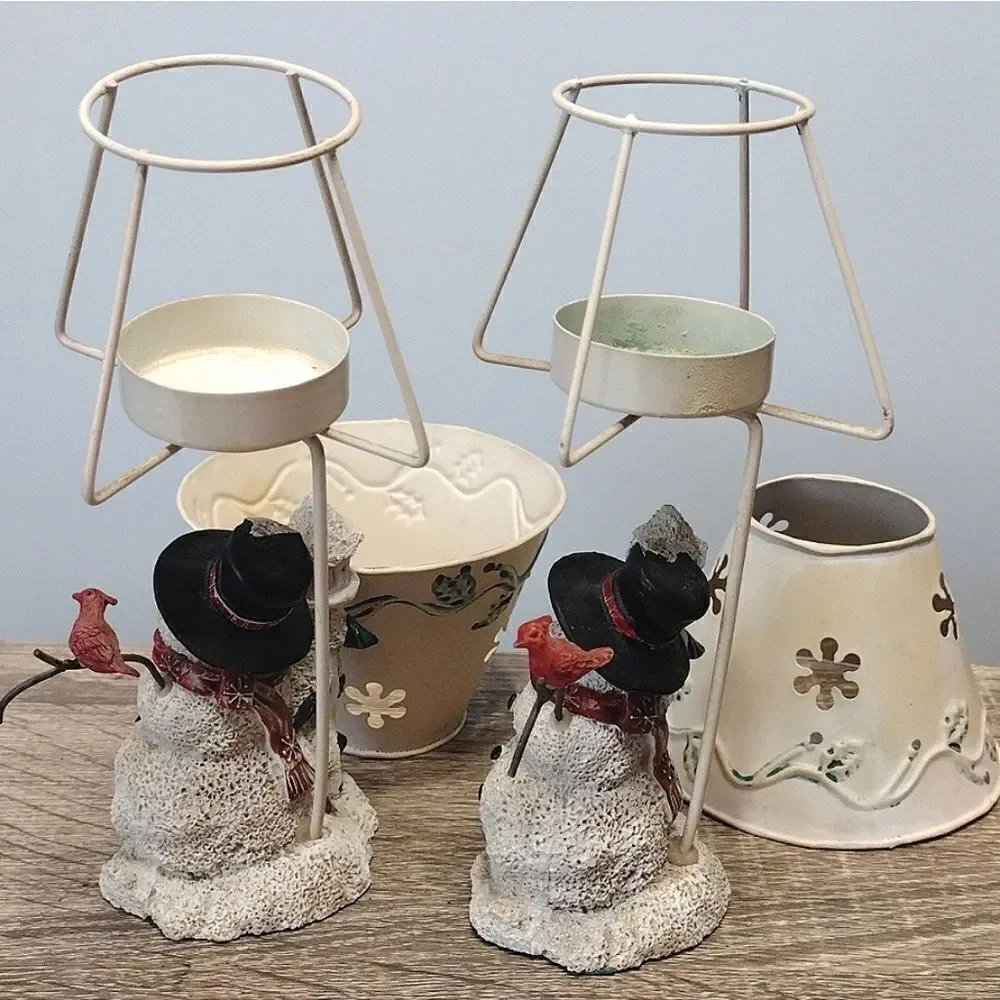 VTG Set of 2 Christmas Ceramic Snowman‎ Metal Shade Tealight Holders
